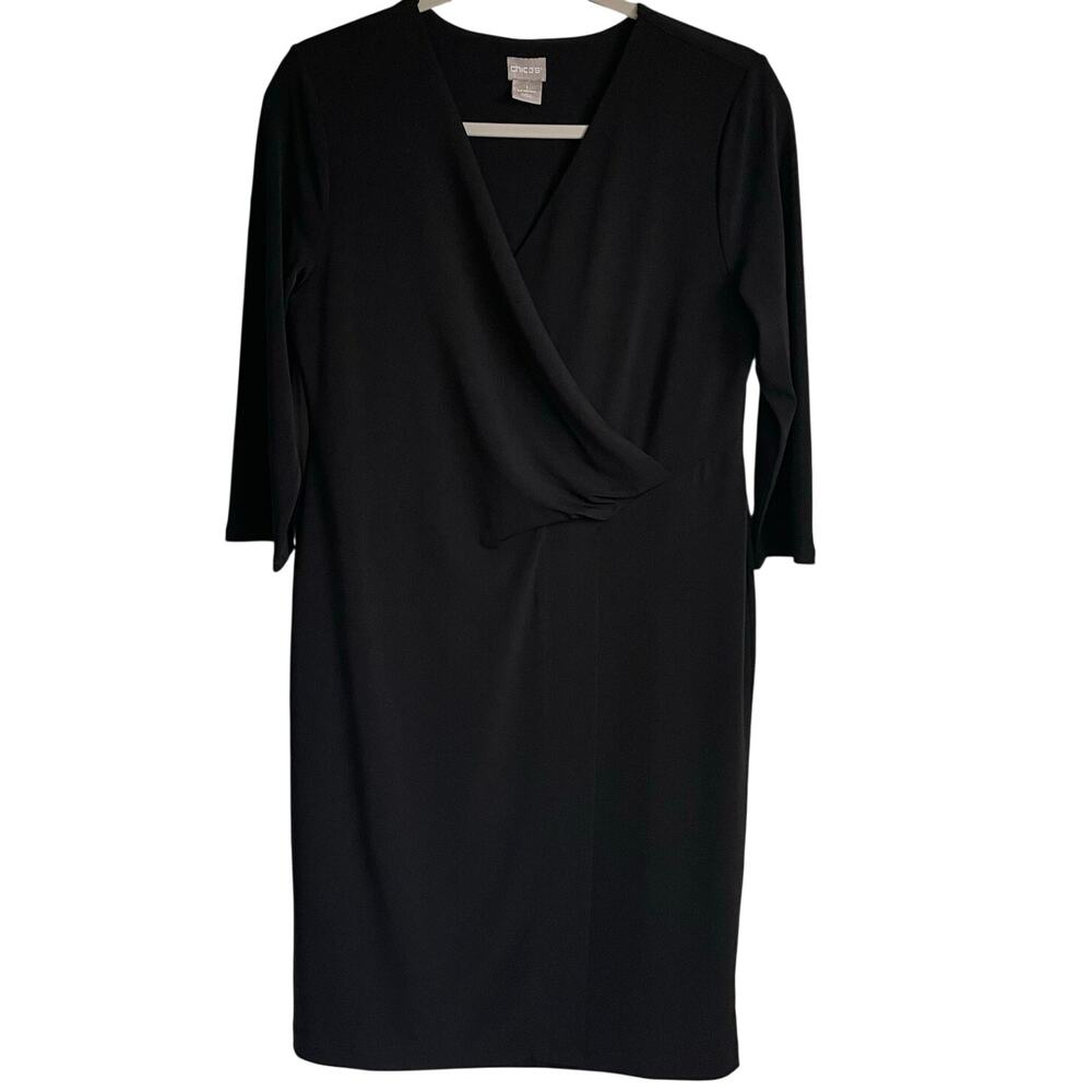 Chico’s Faux Wrap Midi Dress Sz M (8-10) 3/4 Sleeves Black Lined V-Neck Neutral